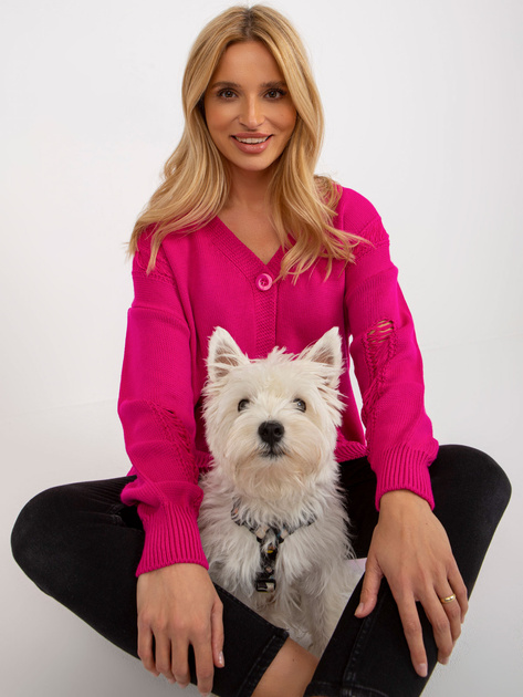 Hurt Fuksjowy luźny sweter rozpinany z dziurami RUE PARIS