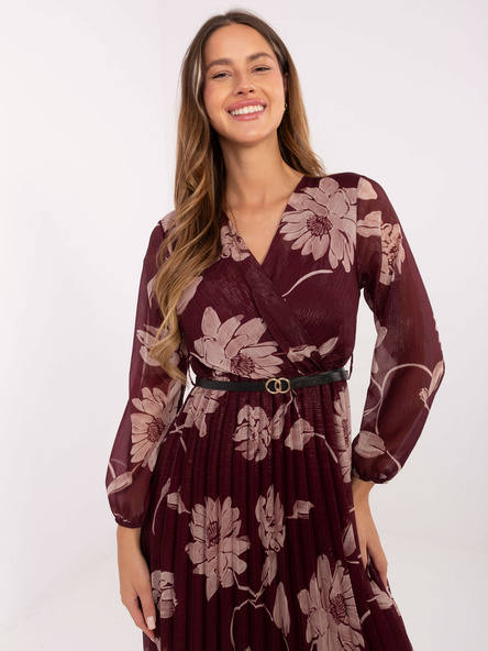 Burgundowa midi sukienka z kopertowym dekoltem 