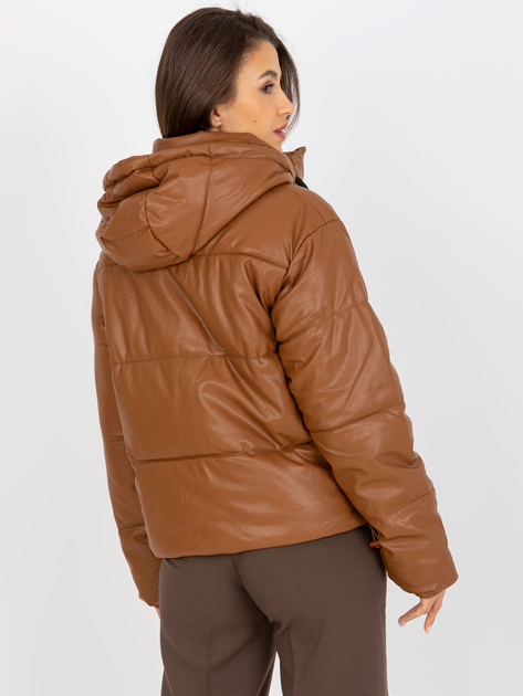 Hurt Jasnobrązowa puchowa kurtka z ekoskóry z kapturem