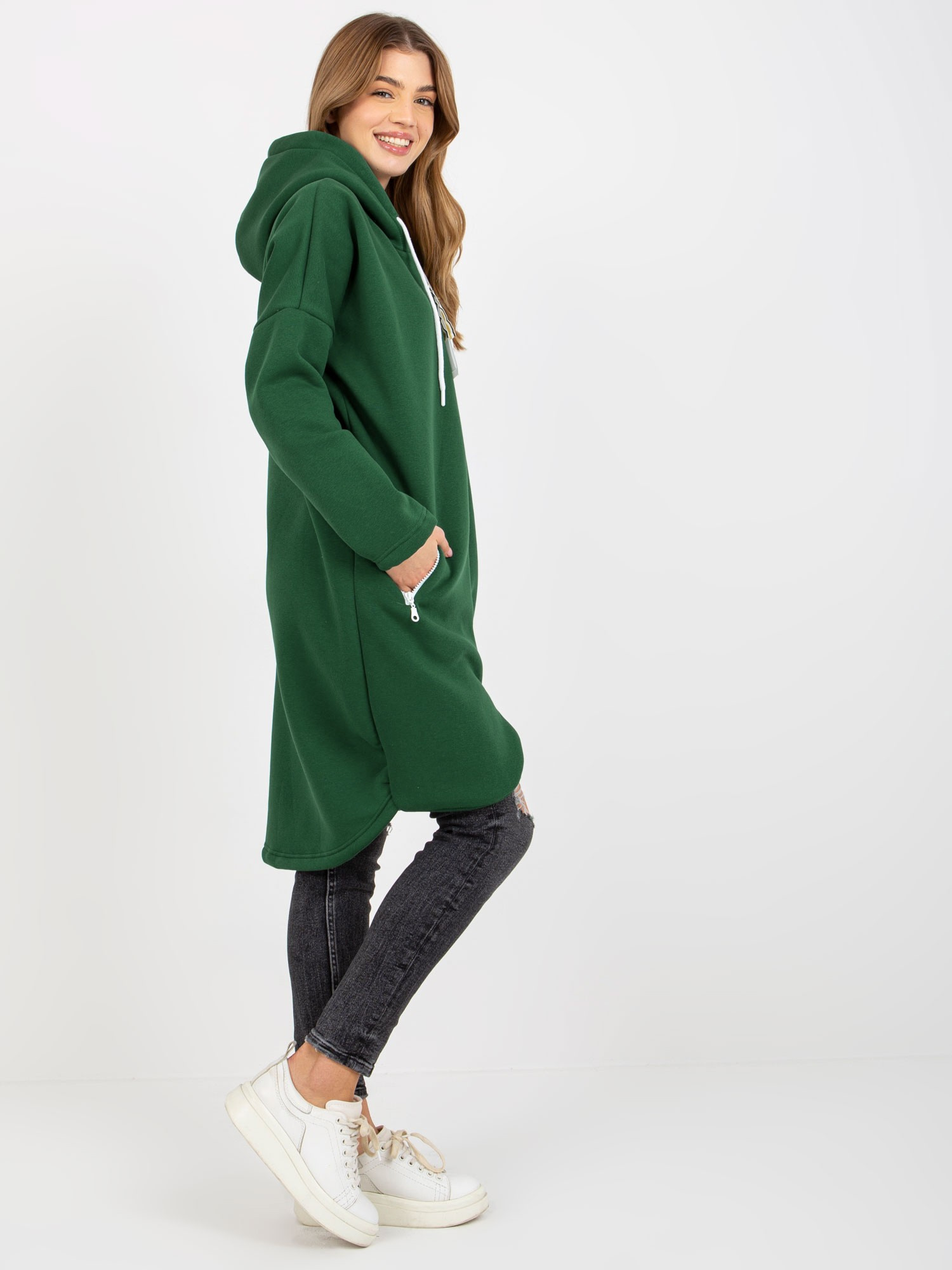 Ciemnozielona długa bluza basic z kapturem Stunning