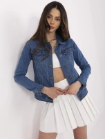 Blue women's denim jacket with a collar.