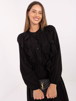 Schwarzes Midi-Kleid mit gestuften Rüschen.