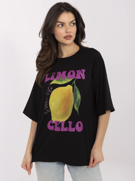 Hurtownia Czarny damski t-shirt z nadrukiem cytryny