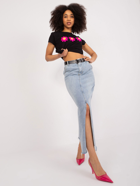 Hurt Czarny t-shirt z haftem w kwiaty BASIC FEEL GOOD