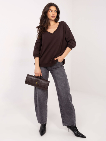 Czekoladowa bluza basic z dekoltem V RUE PARIS