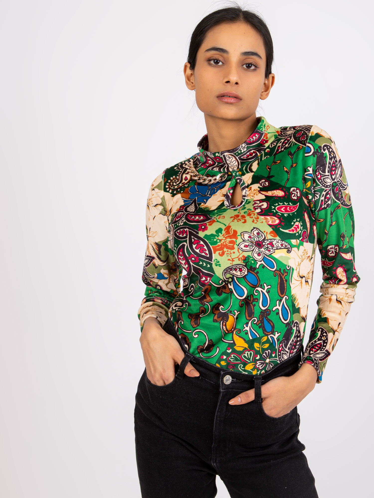 Green patterned blouse with velor Bologna