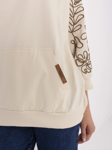 Jasnobeżowa damska bluza kangurka z haftem