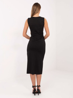 Black fitted dress with pockets.