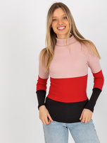 Hurt Jasnoróżowo-czarna bluzka basic z golfem w prążek