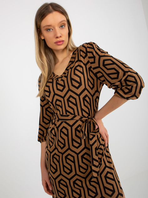 Hurt Camelowo-czarna midi sukienka z printami z wiskozy