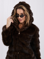Brown short fur coat with a hood.