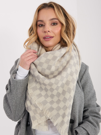 Ecru-szary damski szal z frędzlami