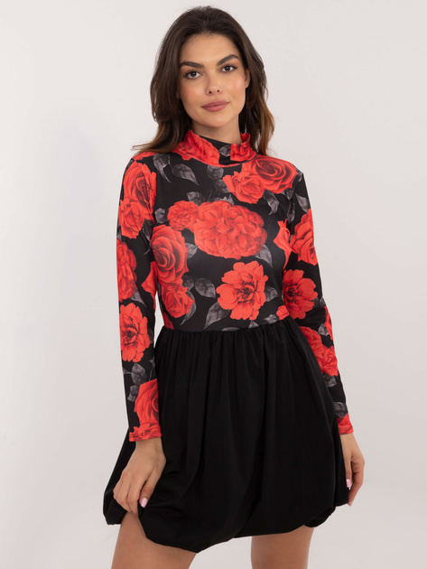 Hurt Czerwono-czarna mini sukienka koktajlowa w kwiaty