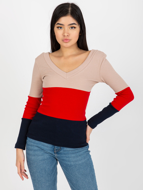 Hurt Beżowo-granatowa damska bluzka basic w prążek RUE PARIS