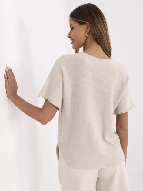 Hurt Beżowy sweter oversize z krótkim rękawem