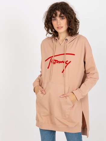 Hurt Beige lange Kapuzenpullover mit Aufschrift.