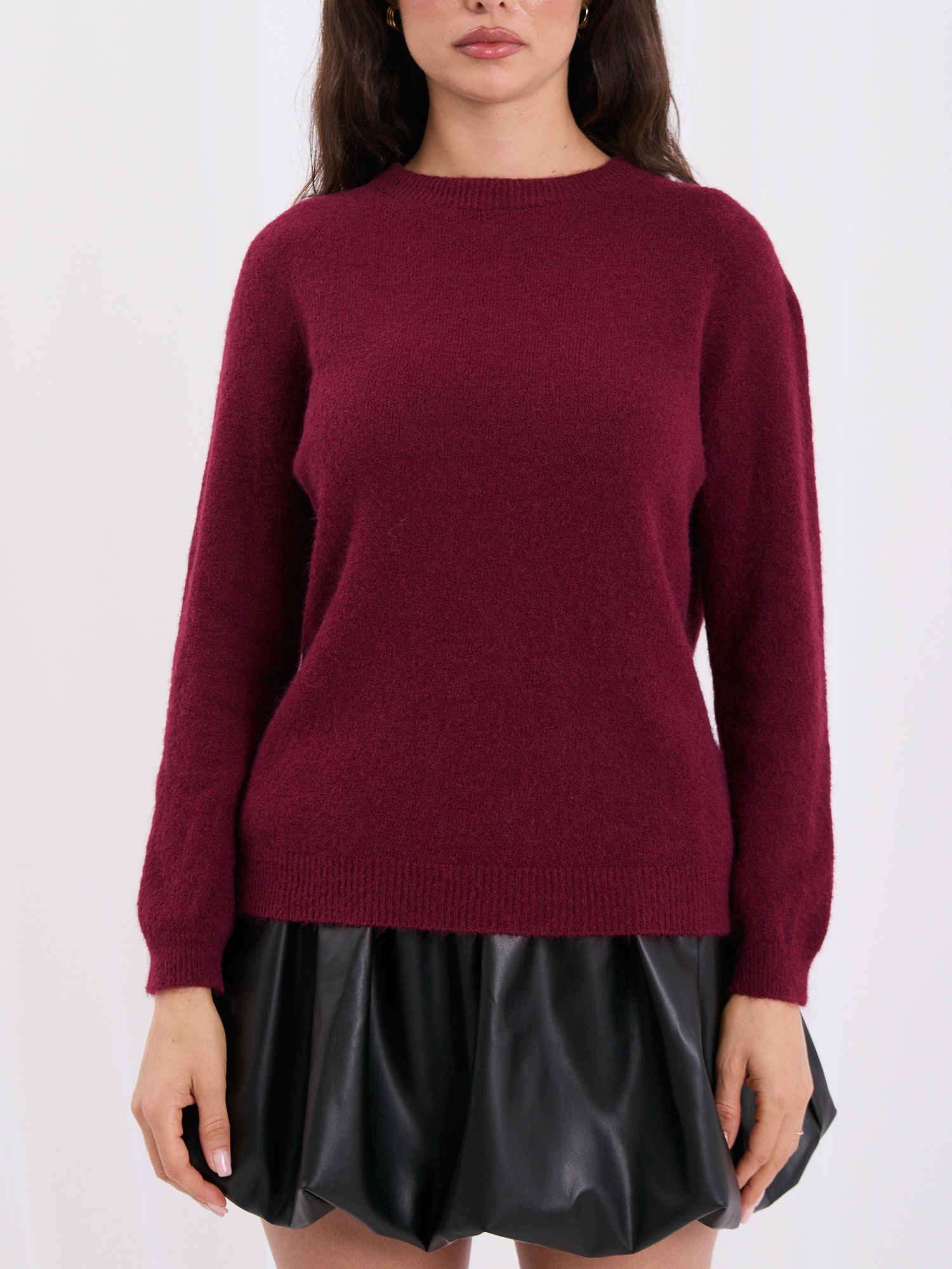 Bordowy sweter basic z domieszka baby alpaki