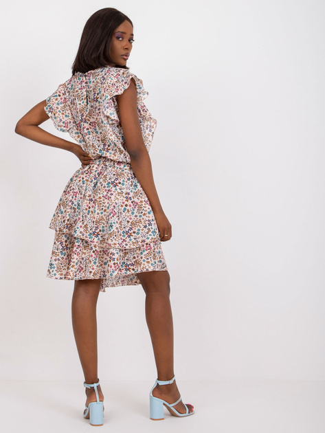 Beżowa sukienka z falbaną i nadrukiem w kwiaty ZULUNA