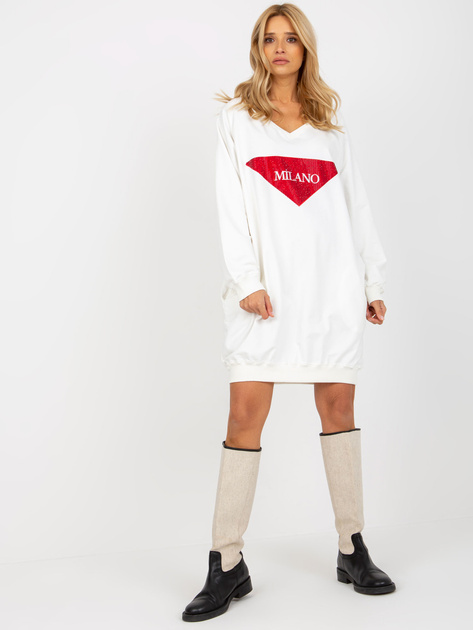 Hurt Ecru długa bluza oversize z nadrukiem i aplikacją