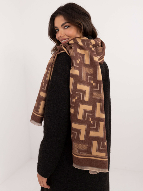 Hurt Brązowo-camelowy damski szal z frędzlami