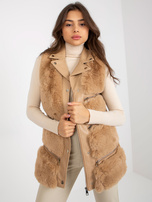 Hurtownia Camelowa damska kamizelka z eko skóry z futrem