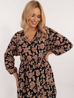 Hurt Beżowo-czarna sukienka w kwiaty z długim rękawem