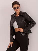 Black women's biker jacket with a belt.