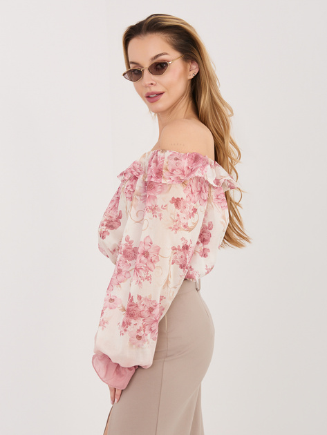 Różowa elegancka bluzka hiszpanka w kwiaty