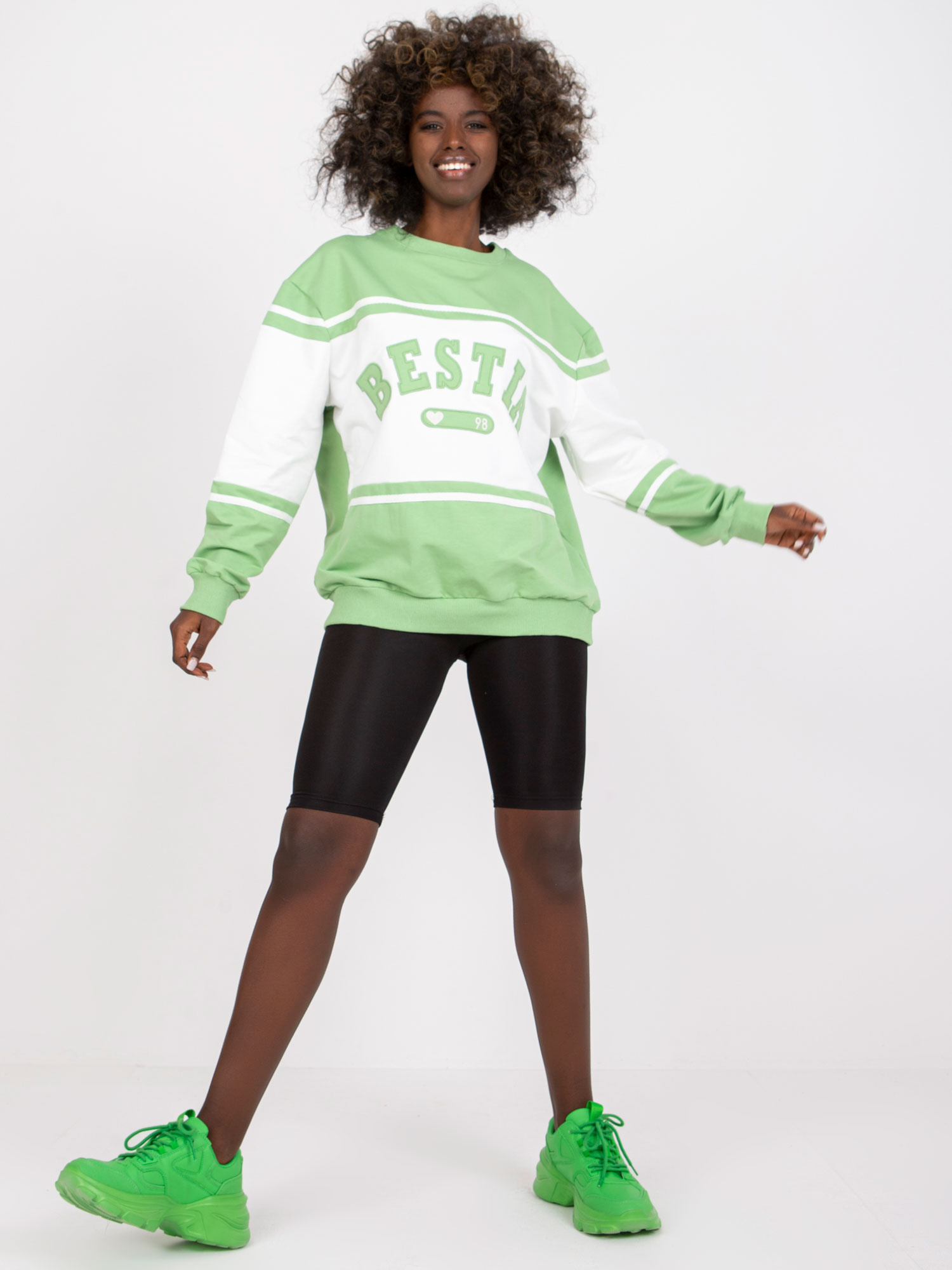 Green and White Hoodless Long Sleeve Sweatshirt