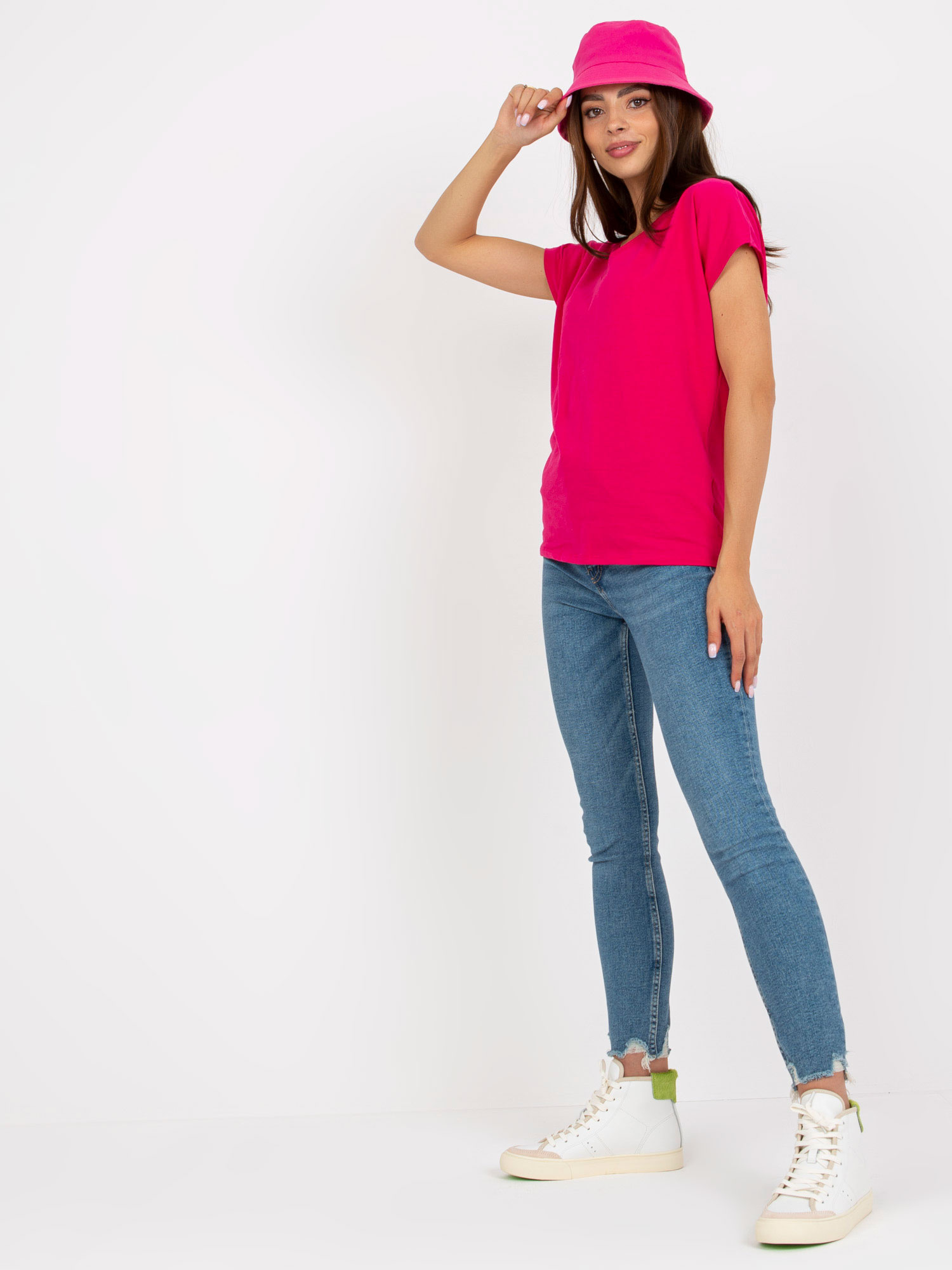 Hurt Fuksjowy damski t-shirt basic z bawełny 