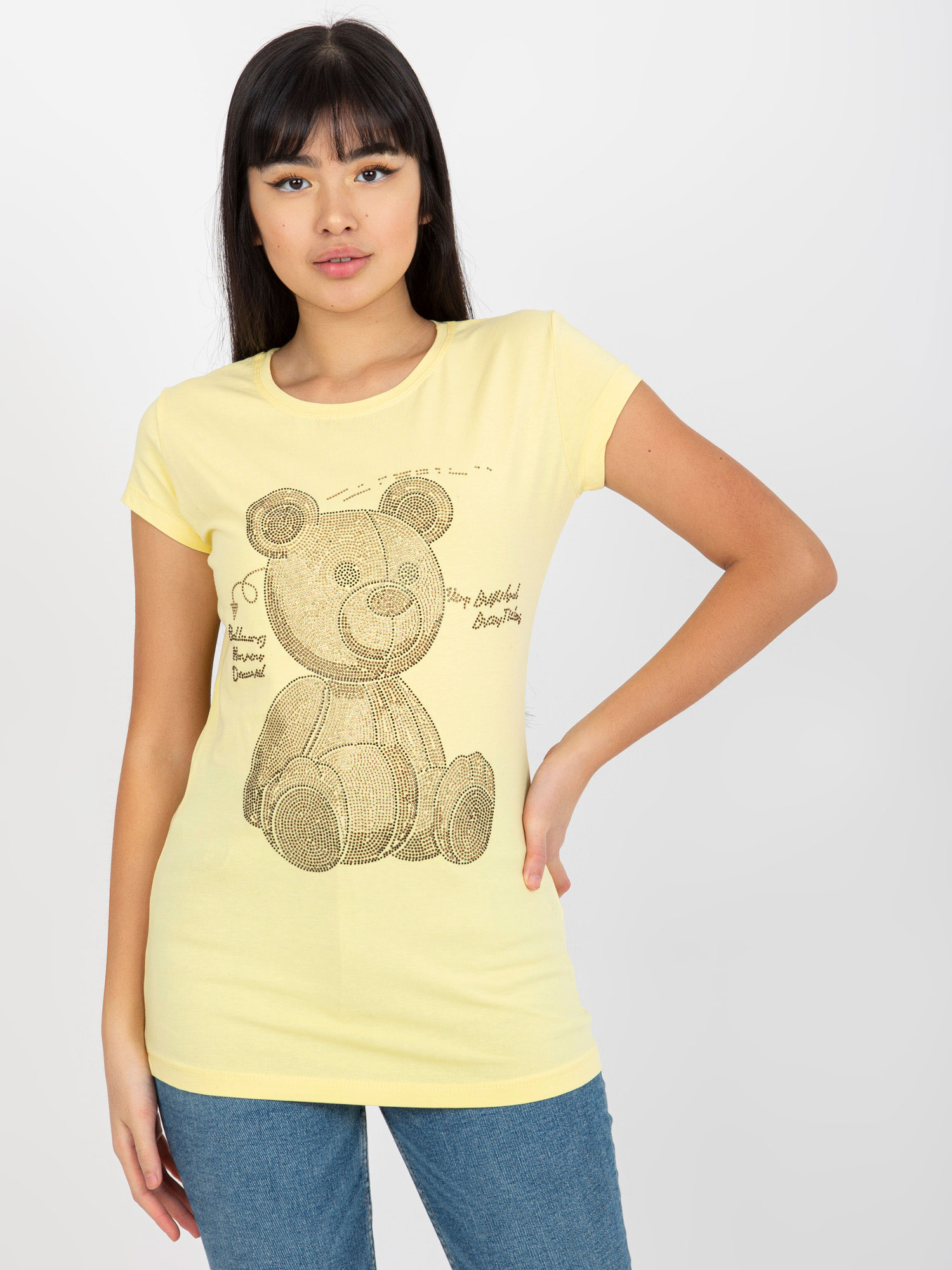 Jasnożółty dopasowany t-shirt z aplikacją misia