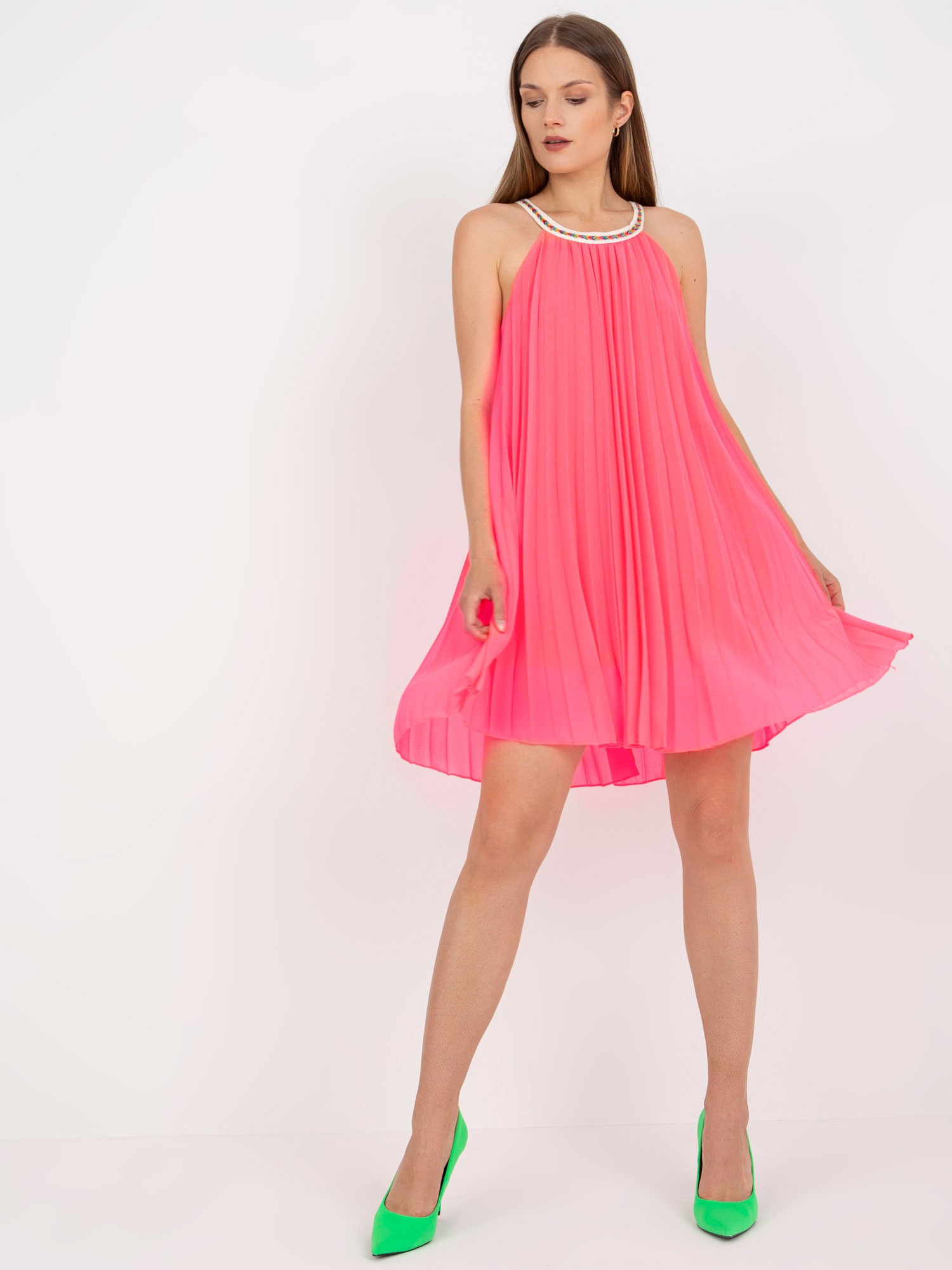 Fluo Pink Pleated One Size Strap Dress