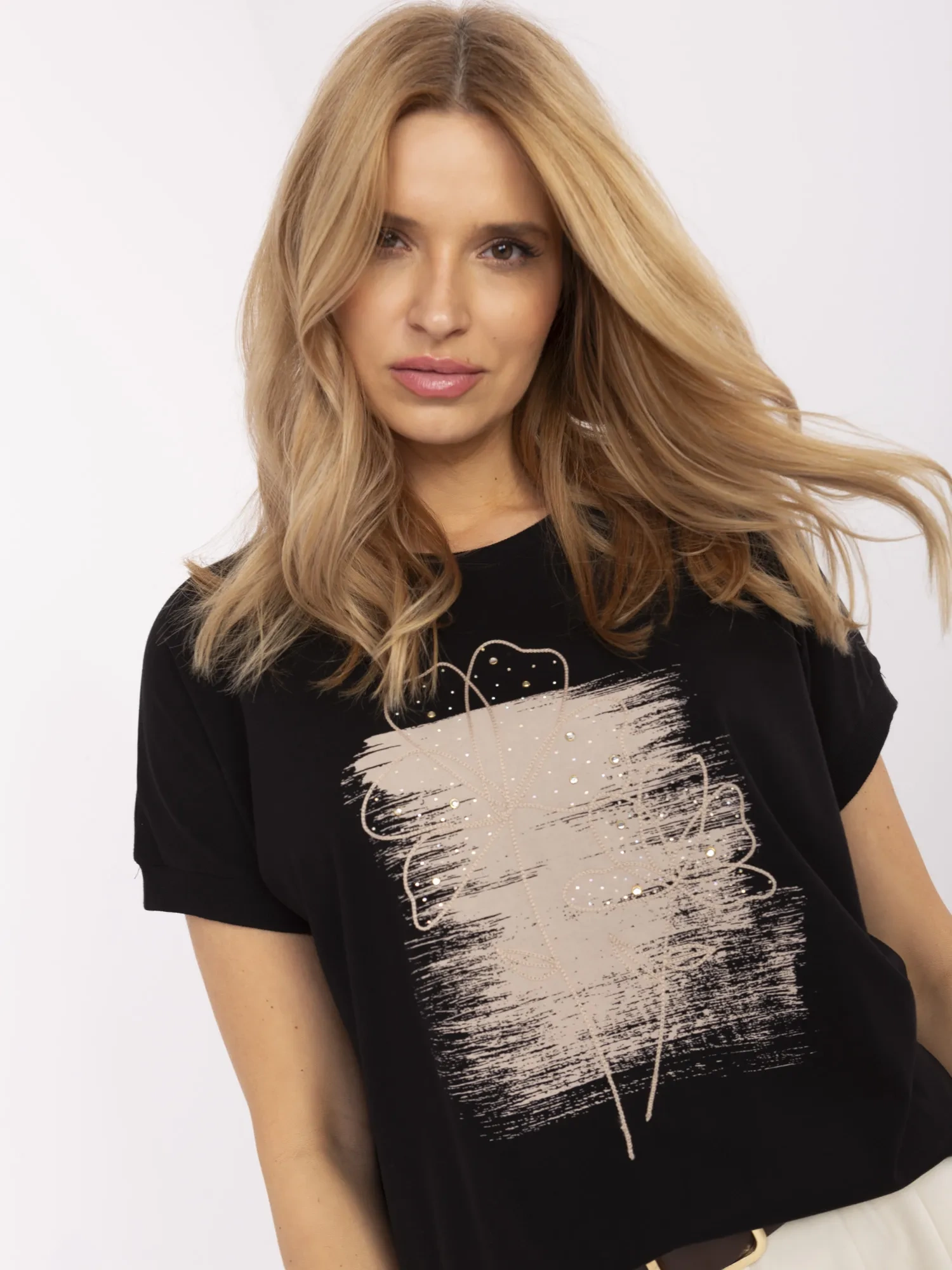Black women's short-sleeve blouse.