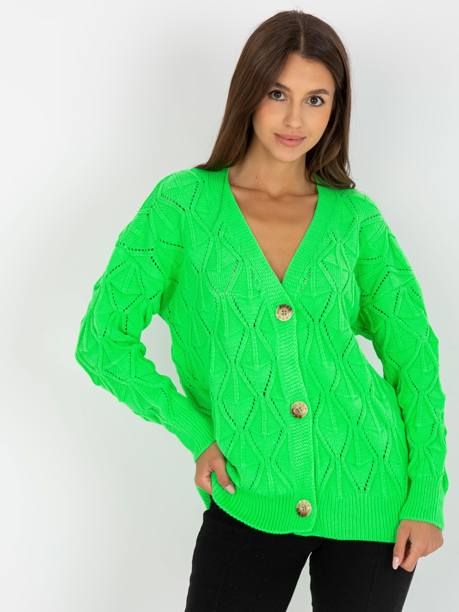 Fluo zielony sweter rozpinany w ażurowy wzór RUE PARIS