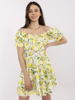 Ecru-yellow off-the-shoulder dress with lemons.