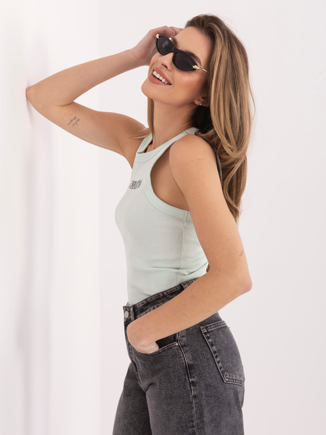 Miętowy damski tank top z haftowanym napisem SUBLEVEL