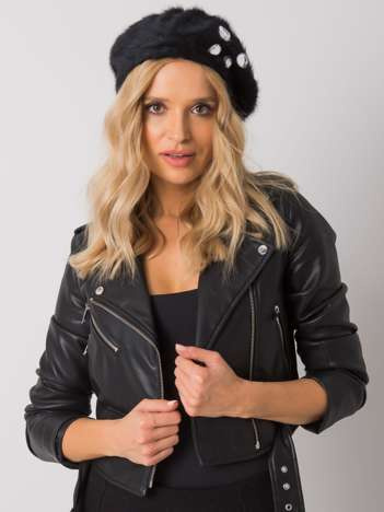 Czarny beret damski z aplikacją