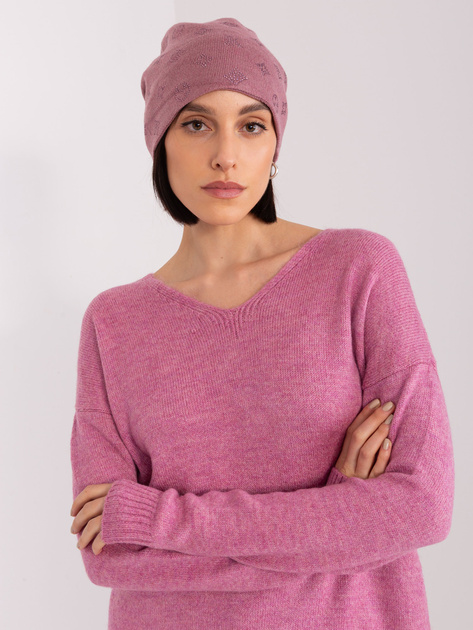 Hurt Brudnofioletowa czapka zimowa z kaszmirem