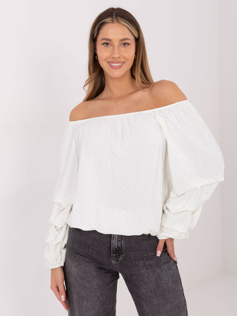 Ecru elegancka bluzka hiszpanka z dżetami