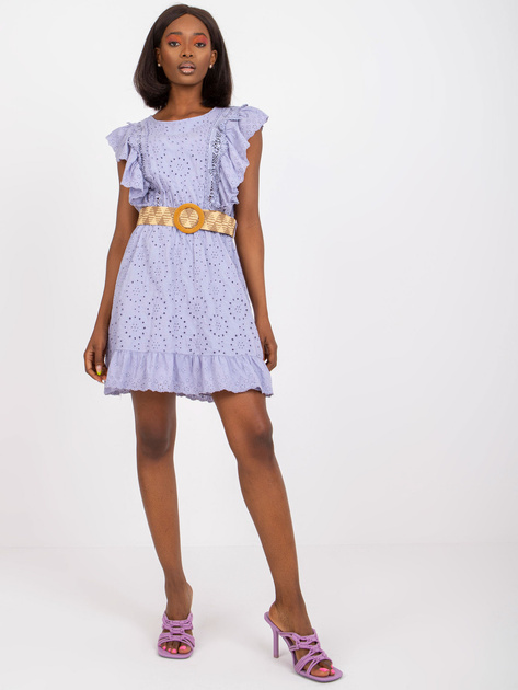 Fioletowa ażurowa sukienka mini z falbaną