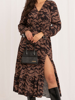 Black-camel midi dress with buttons at the neckline.