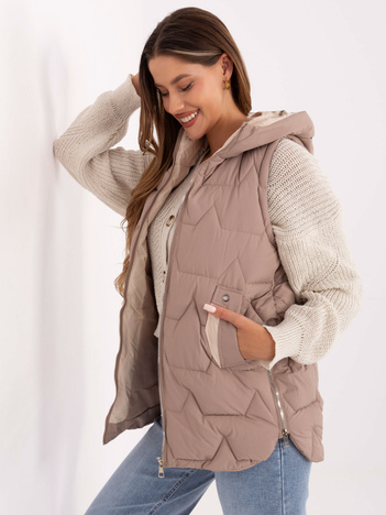 Ciemnobeżowa damska kamizelka z kapturem