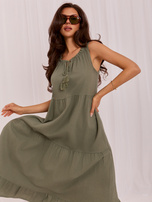 Khaki midi dress with fringes.