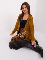 Hurtownia Ciemnożółty damski sweter rozpinany w warkoczowe sploty