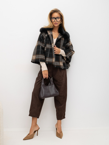Black short coat with a fur collar.