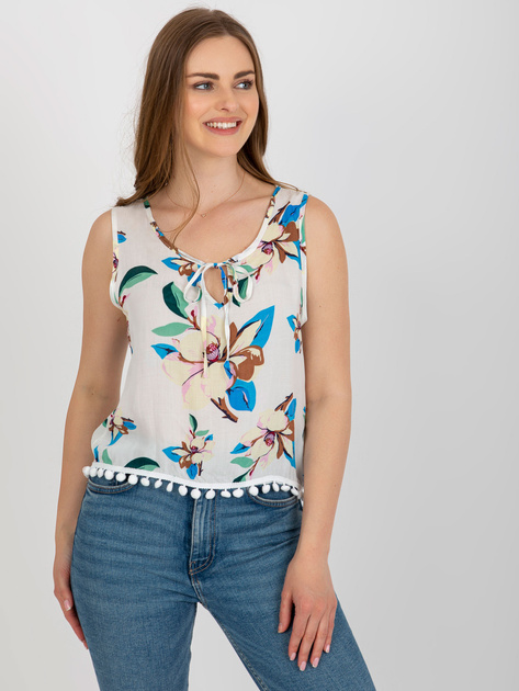 Hurt Biała bluzka w kwiaty z ozdobnym wykończeniem