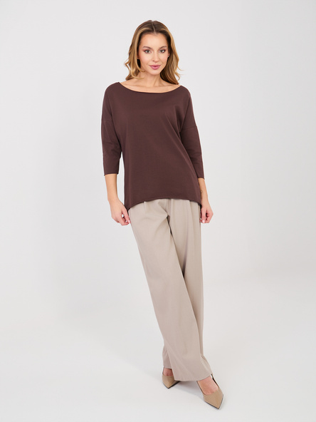 Czekoladowa bawełniana bluzka basic z rękawem 3/4 RUE PARIS