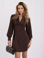 Brown mini dress with a deep V-neck.