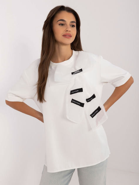 Hurtownia Ecru bluzka wizytowa z kokardą i napisami