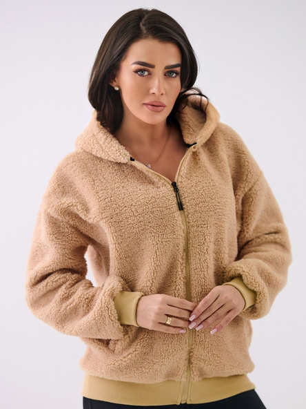 Beżowa damska bluza baranek z kapturem